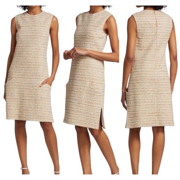 ST. JOHN NWT Space-Dyed Tweed Knit Dress Jewel Neck Pockets Tan Cream Size 16 - Picture 1 of 16